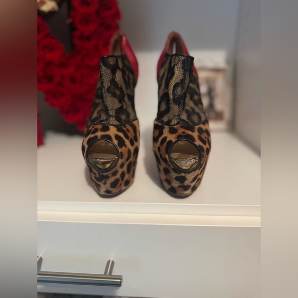 Christian Louboutin Leopard Print/Red Pony Hair and Black Lace Aeronotoc Booties - Picture 12 of 12